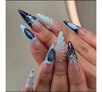 Falso uñas cortas MouyouGlow,Almendra desnuda azul francés 3D Water Wave flores Océanos Perla Press on Nails con pegamento de uñas,Blue Tips Flowers Fake Nails