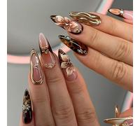 Falso uñas cortas MouyouGlow,Almendra Nude French 3D Diamante Cross Charms Cromo Flores Otoño Leopard Dorado Wave Press on Nails con pegamento de uñas,Winter Perla Flowers Crystal Acryl Fake Nails