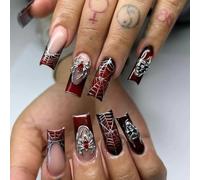Falso uñas largas MouyouGlow,Cuadrado Halloween Telaraña de corazón francés 3D arañas cráneo creepy Spooky Horror gótico prensa en uñas con pegamento de uñas, Dark Red Crystal Fake Nails