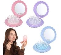 Faltbare Reise-Haarbürste mit Spiegel 3er Set, Klappbürste in Rosa Blau Lila, kompakte Mini Haarbürste für Handtasche, zum Entwirren, Styling und Kopfhautmassage für trockenes & nasses Haar