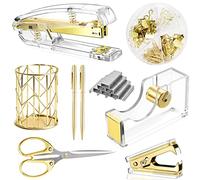 Famassi Accesorios de escritorio dorados, juego de suministros de oficina, juego de grapadora acrílica, removedor de grapas, soporte para cinta/bolígrafo, 2 bolígrafos, tijeras, carpeta/clips de papel