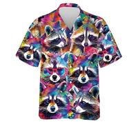 famesale 3D Impreso Lindo Animal gráfico Mapache Kawaii Camisas para Hombres Camisas de Playa Casual de Manga Corta de Vacaciones de la Solapa con Botones Blusa Tops