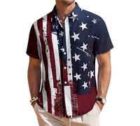 famesale Camisa Patriótica Vintage para Hombre del 250º Aniversario de EE UU Día de la Independencia Estampado 3D de Bandera Americana Estatua de la Libertad y Águila Blusa con Botones y Solapa