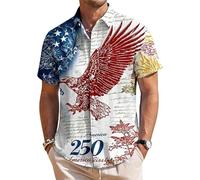 famesale Camisa Patriótica Vintage para Hombre del 250º Aniversario de EE UU Día de la Independencia Estampado 3D de Bandera Americana Estatua de la Libertad y Águila Blusa con Botones y Solapa