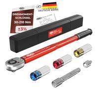 FAMEX 10886-3-RS-KS - Llave dinamométrica de 1/2" (12,5 mm) 30-210 Nm +/- 3%, 3 llaves de vaso/insertos suaves, con certificado de calibración, para coche, moto, SUV, furgoneta