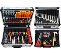 FAMEX 418-88 - Maletín de herramientas de aluminio profesional con juego de herramientas grande, para uso comercial, herramienta de producción alemana, maletín con bolsillos