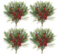 Famibay 72 ramas de aguja de pino artificial, tallos de bayas rojas, hojas verdes, púas de pino, ramas de pino de Navidad, plantas falsas para árbol de Navidad, guirnalda, corona, manualidades