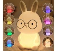 FAMIDUO Lampara Quitamiedos Infantil Conejo con Gafas, Luz Bebe Nocturna USB Recargables con Control Táctil, Lampara Bebe Noche de Silicona, Ajuste de Brillo, Luz Nocturna Infantil Regalo para Niños
