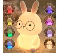 FAMIDUO Luz Nocturna Infantil Conejo con Gafas, Luz Bebe Nocturna de Silicona con Control Táctil, Lampara Bebe Noche 3 modos de Atenuación con Recargable por USB C, Regalo para Bebés y Niños