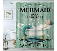 Famiffty Mermaid Shower Curtain Mermaid Bathroom Set 72Wx72L Inch Little Mermaid Shower Curtain Teal Green Wash Your Tail Funny Ocean Bathtub Bubbles Vintage Wood Waterproof Polyester Fabric 12 Hooks