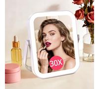 Famihomii Espejo de Maquillaje de Escritorio, Espejo de Aumento 1X/30X | 3000 mAh, Espejo de Maquillaje de Viaje Recargable con iluminación, Espejo cosmético con luz Tricolor y atenuación Continua