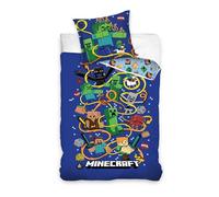 Familando Juego de cama reversible con diseño Minecraft Slurp · Ropa de cama para niños en 135 x 200 80 x 80 cm de 100% algodón con cremallera · Diseño de bloques de TNT y pico azul