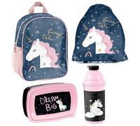 Familando Juego de mochila para niña de 4 piezas, con bolsa de gimnasio, fiambrera y botella para la guardería, mochila infantil con diseño, Magic Unicorn - Unicornio, 22 x 28 x 10 cm, moderno