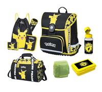 Familando Pokemon_Master - Mochila escolar, amarillo, ca. 37 x 35 x 24 cm, Juego de 9 piezas con fiambrera