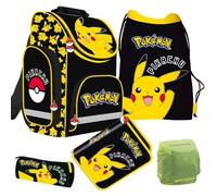 Familando Pokémon Mochila escolar de primera clase · Macuto ergonómico para niños y niñas · Mochila escolar Pokemon con diseño de Pikachu en set, multicolor, 5 piezas con estuche