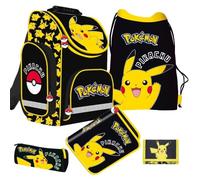Familando Pokémon Mochila escolar de primera clase · Macuto ergonómico para niños y niñas · Mochila escolar Pokemon con diseño de Pikachu en set, multicolor, 5 piezas con estuche