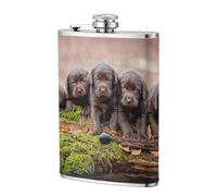 Familia de cachorros de labrador, cachorros marrones pequeños,Frasco de acero inoxidable 304 de 8 oz con funda de cuero sintético, frasco de bolsillo para licor plano para exteriores