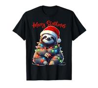 Familia de Fuentes Merry Slothmas Sloth Christmas Lights Red Santa Hat Family Camiseta