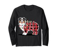 Familia de Fuentes Plaid Australian Shepherd Christmas Lights Holiday Family Manga Larga