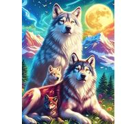 Familia de Lobos bajo la Luna Llena Rompecabezas 500 Piezas Cartón Grueso para Parejas Vida Silvestre y Plantas Estimulación Mental Actividad Días Libres Decoración Hogar 500 PCS