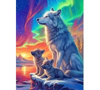 Familia de Lobos Bajo Las Auroras Boreales Puzzle 500 Piezas Cartón Grueso para Adultos Mascota de Vida Silvestre Cute Decoración Única Hogar Noches Juegos En Familia Regalo De Año Nue