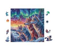 Familia de Lobos Northern Lights Puzzle 100 Piezas Cartón Grueso para Adultos Noches De Juegos En Familia Regalo Ideal para Cumpleaños 28x28cm