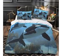 Familia de orcas Funda de Edredón Diseño 3D 3 Piezas Microfibra de poliéster Cremallera Oculta con Fundas de Almohada Antibacteriana Océano de acuarela Funda Edredon for jóvenes Double（200x200cm）