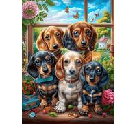 Familia de perros en la ventana Rompecabezas 500 Piezas Cartón Para Principiantes Cuentos de hadas de animales y plantas Días Lluviosos Para Pasar Tiempo Vacaciones Fines De Semana Regalo Cumpleaños 5