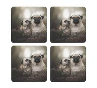Familia de Perros Pug con Bokeh, Madre y Cachorro. Mascotas.,Posavasos Cuadrados de Corcho MDF, Almohadilla para Tazas, Juego de 4 Posavasos para Bebidas