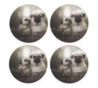 Familia de Perros Pug con Bokeh, Madre y Cachorro. Mascotas.,Posavasos Redondos de Corcho MDF, Almohadilla para Tazas, Juego de 4 Posavasos para Bebidas