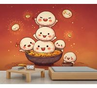 Familia de Raviolas Felices en Murales de Sopa, Arte de Comida de Dibujos Animados Adorables, Arte de Pared Único para el Ambiente del Hogar 200x140cm (No es autoadhesivo)