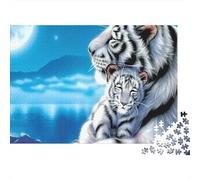 Familia de Tigres Blancos Puzzle de 1000 Piezas Papel Noche Puzzle para Adultos Puzzle para Toda la Familia 52x38cm/1000pcs
