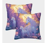 Familia Unicornio - Escena de Bosque mágico de fantasía Fundas Cojines para Sofá 2 Piezas Arte Funda De Almohada Throw Cojín Decoración Almohada Funda De Almohada Cama Hogar Coche 40x40cm