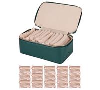 Familiarn Travel Jewelry Box with Small Pouches, Portable PU Leather Travel Jewelry Organizer with 15pcs Velvet Bags, Travel Jewelry Box for Necklaces, Rings, Earrings Sorting Storage (Green)