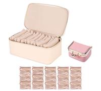 Familiarn Travel Jewelry Box with Small Pouches, Portable PU Leather Travel Jewelry Organizer with 15pcs Velvet Bags, Travel Jewelry Box for Necklaces, Rings, Earrings Sorting Storage (Beige+Pink)