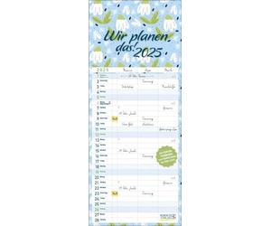 Familientimer ¡Planificamos esto! 2025: calendario familiar, 3 columnas. Número familiar con fechas de vacaciones, columna adicional y vista previa hasta marzo de 2026. Formato pequeño: 14 x 34 cm