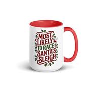 Family Matching Xmas Mug with Color Inside, Most Likely To Race Santa's Sleigh Christmas Present (Red, 15 oz)