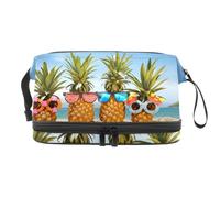 Family of Funny Pineapples in Sunglasses on The Beach - Bolsa de cosméticos de doble capa para mujeres y niñas, neceser de viaje para maquillaje, práctica bolsa organizadora con compartimento para