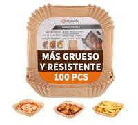 FAMILY Papeles Cuadrados para Freidora de Aire 20CM 100PC, Papel Extra Grueso 42g, Antiadherente y Seguro, Protege el Cestillo y Reduce el Tiempo de Limpieza