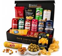 FAMILYCOM Cesta Cervezas Mahou. Cesta con frutos secos y snacks. Surtido de Cervezas Mahou 5 Estrellas para regalar. Regalo original para Él, Ella, Día del Padre, cumpleaños, San Valentín