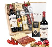 FAMILYCOM. Cesta de Navidad Ibérica para regalar. Lote Gourmet de regalo. Surtido de Queso, Salchichón y Chorizo Ibérico, Vino Tinto D.O. Rioja, Aceite Oliva Virgen, Picos, Espárragos y Foie.