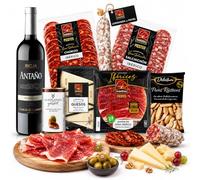 Familycom Cesta Gourmet con Ibéricos Navidul para Regalar - Surtido de Jamón Ibérico, Quesos, Embutidos, Aceitunas, picos, Vino tinto - Regalos originales mujer y hombre