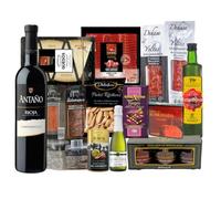 FAMILYCOM Cesta Gourmet para regalar - Lote gourmet con Ibéricos de regalo - Surtido de Bombones, chocolate, Vino, Embutidos, Aceite De Oliva Virgen - Regalos originales para Empresa y Particulares