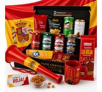 FAMILYCOM Cesta Mundial Cervezas Mahou. Bandera de España, Bocina animación, Chocolate Nestle, Taza de la Roja, frutos secos y snacks. Surtido de Cervezas Mahou 5 Estrellas para regalar.