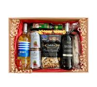 FAMILYCOM. Cesta Navidad Gourmet para regalar. Surtido con Chocolates originales de regalo. Lote de embutidos, Paleta de Cebo, Longaniza Payes y Conservas, Vinos, Aceite de Oliva y Picos gourmet.