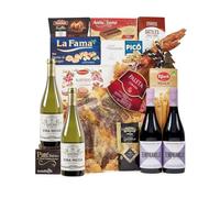 FAMILYCOM. Cesta Navidad Gourmet para regalar. Surtido con Paleta Curada y Chocolates originales de regalo. Lote de Turrón, Trufas, Mantecados, Jamón , Selección de Vinos , Dátiles y Barquillos.
