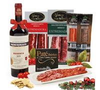 FAMILYCOM. Cesta Navidad Gourmet. Surtido con Ibericos para Regalo. Lote de Ibericos, Embutidos, Selección de Vino, Sobrasada, Morcilla, Paté.