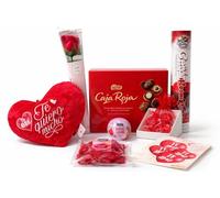 FAMILYCOM. Cesta regalo caja roja. Surtido con Chocolates originales de regalo. Bombones Ferrero Rocher. Peluche corazon, Rosa de Amor, Pluma Masaje, Cava ,Velas. San Valentin