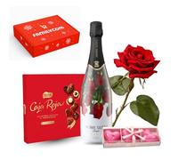 Familycom Cesta regalo Dia del Padre, Chocolates y bombones Nestle Caja Roja para regalar, Rosa roja, Regalos originales para parejas, Cava y Velas corazon