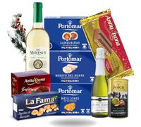 Familycom. Cesta San Valentin Gourmet. Surtido con Chocolates originales de regalo. Lote con Turrones, Trufas, Zamburiñas, Mejillones, Bonito del Norte, aceitunas. Vino y Champagne.